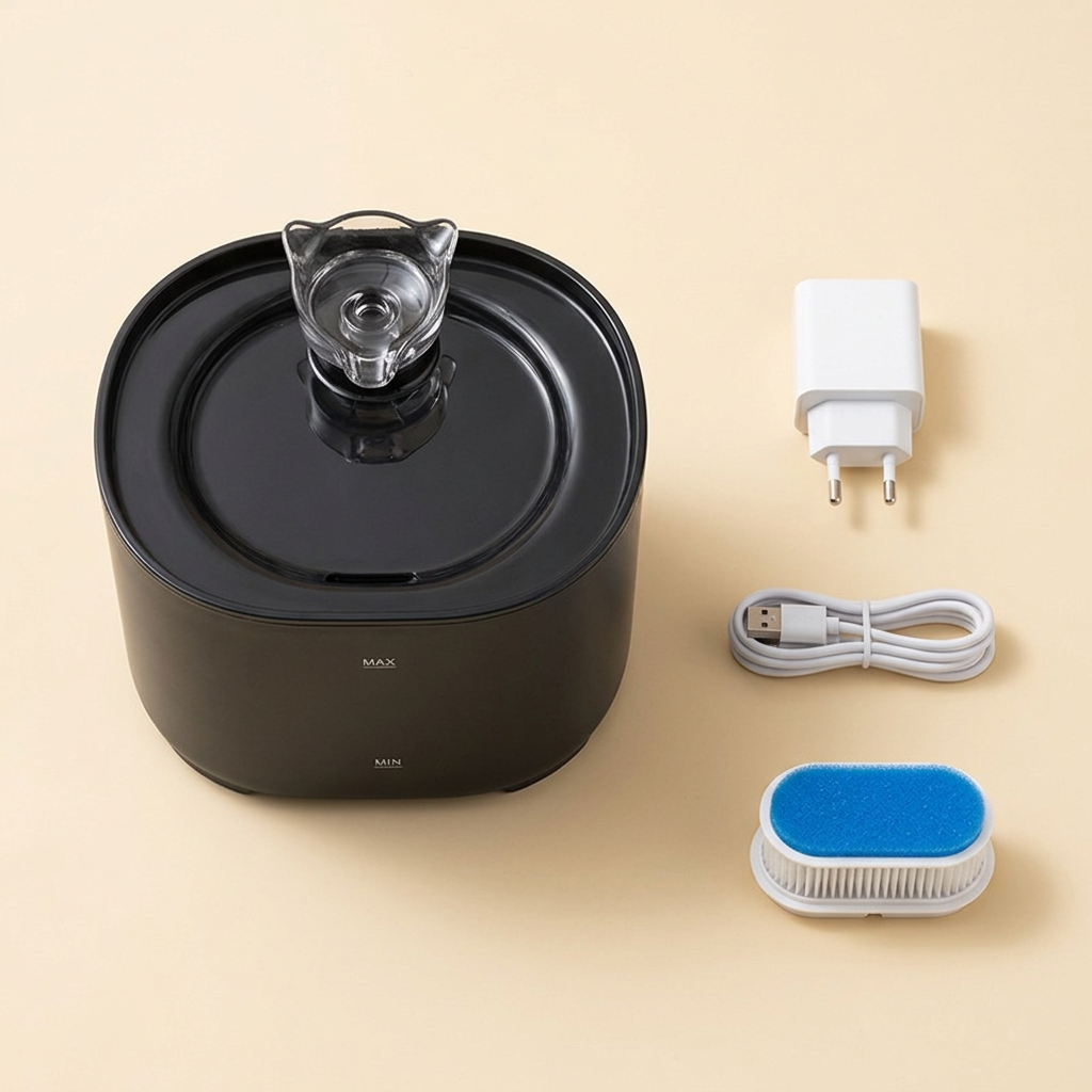 Fontaine Zootrin noire avec son adaptateur secteur, son câble USB et son élément filtrant